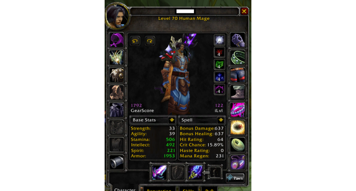 WoW Burning Crusade Anniversary Account – Level 70 Human Mage, 1792 GS, 637 Spell Damage, Max Professions