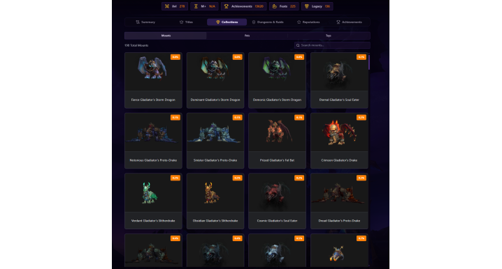 Elite WoW Retail Account – 19 Gladiator Mounts from Legion S3, 14 Rank 1 PvP Titles, 198 Mounts & 225 Feats of Strength