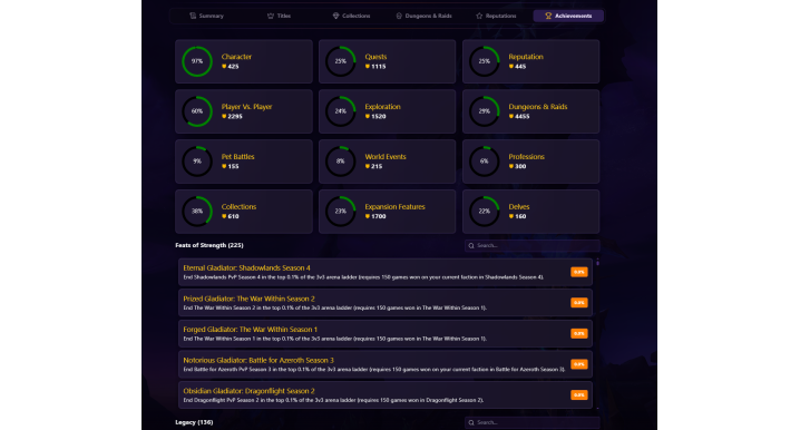 Elite WoW Retail Account – 19 Gladiator Mounts from Legion S3, 14 Rank 1 PvP Titles, 198 Mounts & 225 Feats of Strength