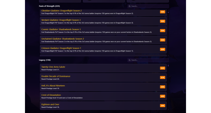 Elite WoW Retail Account – 19 Gladiator Mounts from Legion S3, 14 Rank 1 PvP Titles, 198 Mounts & 225 Feats of Strength